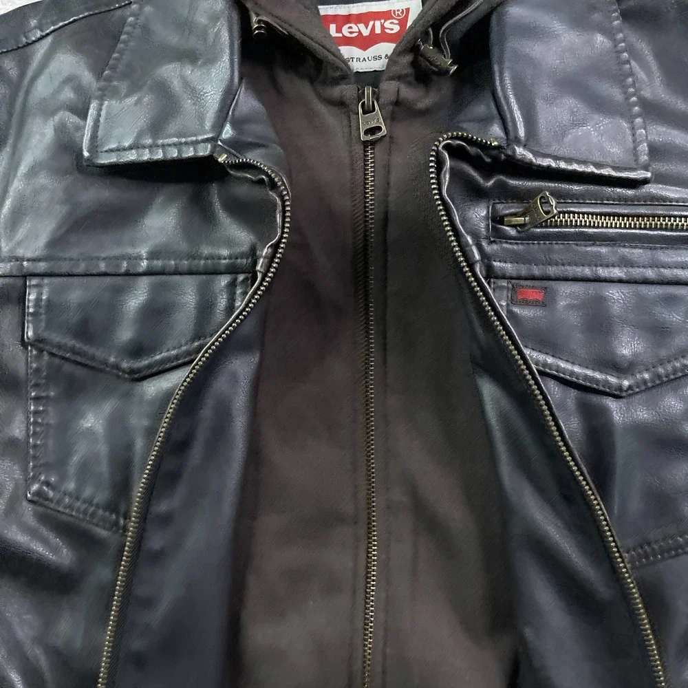 Levis Jacket Mens Large Brown Faux Leather Hooded Moto Biker‎ Quilted Lined Coat